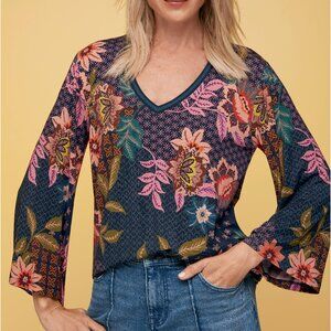 Johnny Was Delfino Floral Print V-Neck Kimono Flare Long Sleeve Tee Size XS